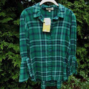 JAK & RAE Green Plaid Oversized Hi-Lo Buttondown Flannel Top NWT